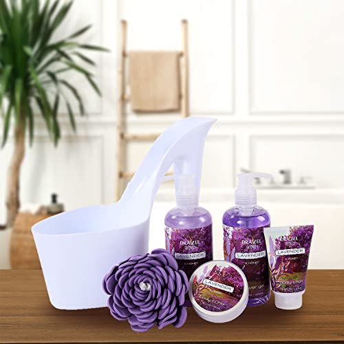 Spa Gift for Women - 5 Pcs Luxury Heel Shoe Spa Basket for Women Lavender Scent Home Relaxation Set w/ Body Lotion & Butter, Shower Gel, Bubble Bath - Birthday Gift for Women by Draizee