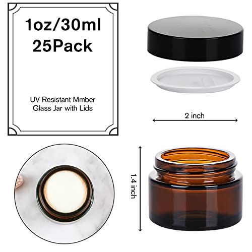 1oz Amber Glass Jars with Lids, 25-Pack Travel Containers