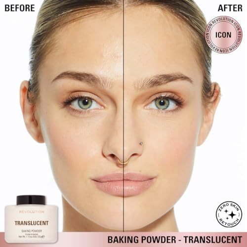 Revolution, Loose Baking Powder, Makeup Setting Powder, Long-Lasting Coverage, Mattifies & Reduces Shine, Translucent, 1.12 oz