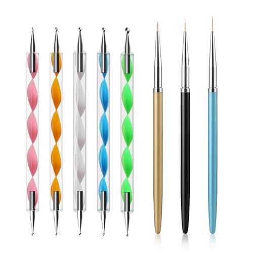 Nail Dotting Tools Set ? 5PCS Dual-Ended Dotting Pens & 3PCS Nail Art Brushes for DIY Nail Art, Painting & Design