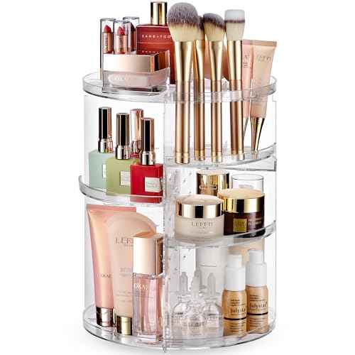 Masirs 360 Rotating Makeup Organizer Countertop - Adjustable Shelf Height - The Perfect Round Spinning Cosmetic Organizer for Bedroom Dresser or Vanity Countertop Storage (Clear)