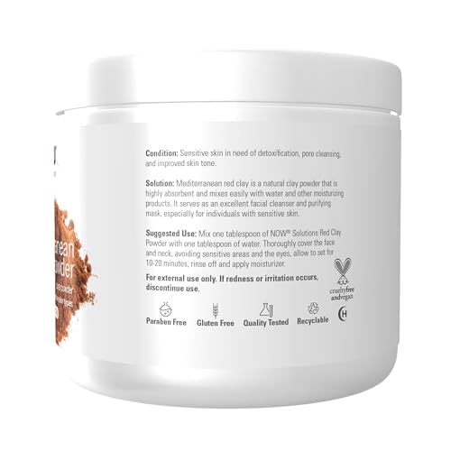 NOW Solutions, Mediterranean Red Clay Powder, Pure Powder for Sensitive Skin Facial Mask, 6-Ounce