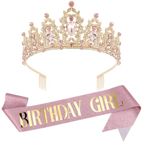 Rhinestone Birthday Tiara & Sash Set for Women Girls