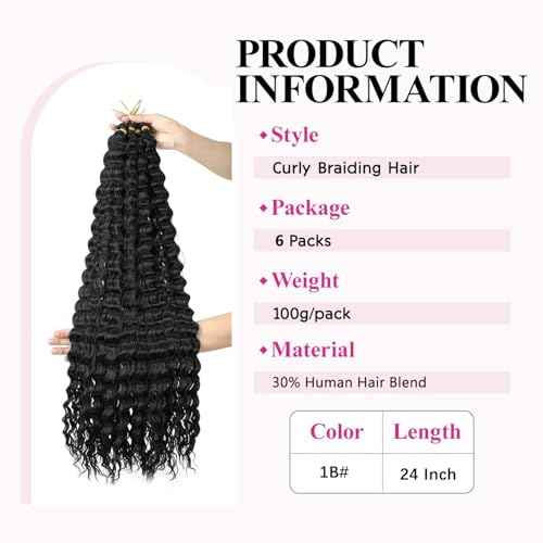 24 Inch Deep Wave Braiding Hair Extensions for Goddess Braids 30% Human Hair Mixed Crochet Braiding for Boho Box Braids Black Ocean Wave Crochet Hair 1B# Pack of 6