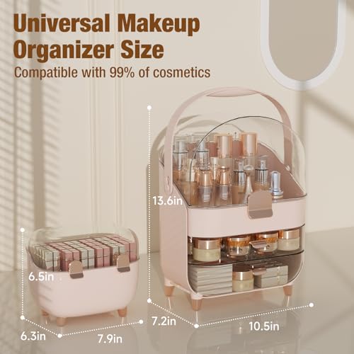 Makeup Organizer for Vanity with perfume Storage Box, Countertop Skincare Organizer with 2 Drawers, Cosmetic Display Case for Perfumes, Eyeshadow Palettes, Nail Polishes, Pink