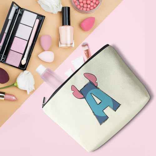 LONGXIN Cute Cartoon Gifts Initial Personalized Makeup Bag Monogrammed Cosmetic Bags Small Makeup Pouch Birthday Christmas Gifts for Women Girls (A)