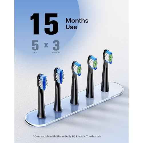 Bitvae D2 Electric Toothbrush Replacement Heads, Sonic Toothbrush Heads Refills, 2 Types of Cleaning Style, 5 Pack, Black