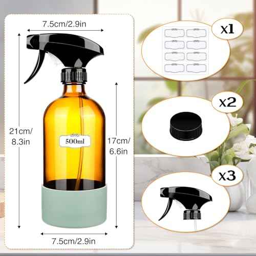 2 Pack/16 Oz Glass Spray Bottles, Refillable Empty Containers with Silicone Sleeve, Upgraded Adjustable Nozzle Spray Bottle Sets for Cleaning, Essential Oils, Hair (Amber)