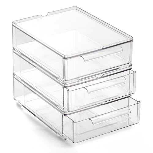 BINO | Clear Stackable Storage Drawers, Small - 3 Pack | Clear Storage Drawers with Built-In Handles | Durable Plastic Organizer Drawer | Modular Stackable Drawer Acrylic Organizer