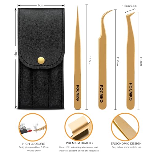 Lash Tweezers Set for Eyelash Extension, Eyelash Tweezers for Classic Individual and Volume Lash Extensions, Complete with Storage Case (Gold, 3PCS Set)