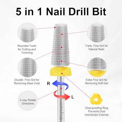 5 in 1 Nail Drill Bit, Tungsten Carbide Multi-Function Bit for Acrylic Nails, Hard Gels, Cuticles Removal, 3/32" Shank, Two-Way Rotation for Left & Right-Handed Use (XF Grit, SILVER)