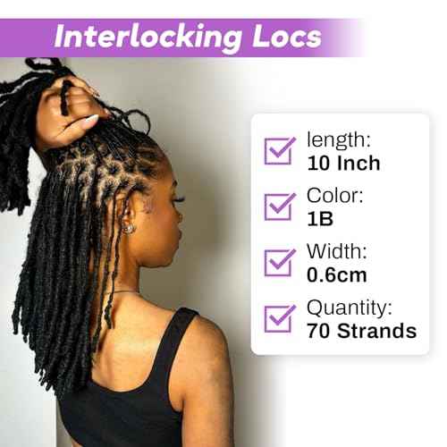 10 inch 70 Stands Interlocking Loc Extensions Human Hair, 0.6cm Width 100% Human Hair Dreadlock Extensions, Soft Human Hair Dreads Extensions, Natural Black (10 inch 70 Strands, 1B 0.6cm)