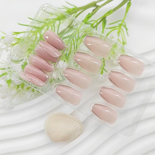 Coffin Press on Nails Short Gold French Tip Fake Nails Press ons Light Pink Full Cover Glue on Nails Glitter Sequins Designs False Nails Glossy Artificial Acrylic Nails for Girls 24Pcs