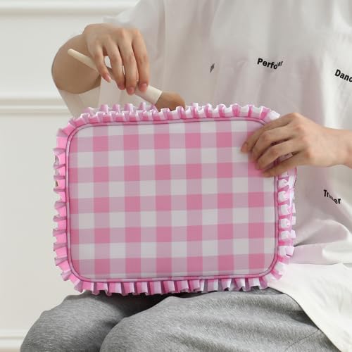 Gingham Ruffle Makeup Bag,Large Travel Cute Cosmetic Bag for Women Girls,Toiletry Bag Make up Organizer 10.8 x 4.5 x 8 inch (Pink Gingham)
