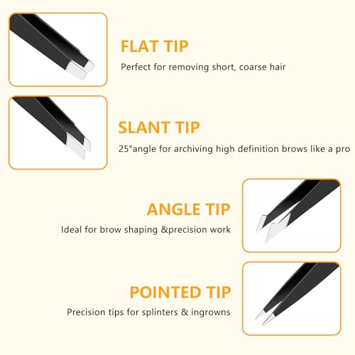 Black 4-Piece Stainless Steel Tweezers Set - Precise Eyebrow and Craft Tweezers