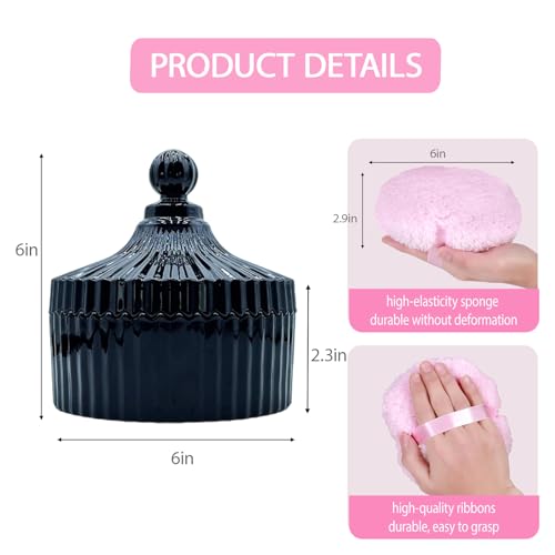 Body Powder Puff and Container Extra Large, 6" Crystal Glass Storage Jars with Oversize Dustproof Lid for Loose Powder with Soft Washable Reusable Fluffy Puff Perfect for Skin Care (Black)
