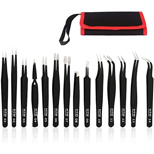 HengTianMei Precision Tweezers Set, ESD Anti-Static Stainless Steel Tweezers Set for Craft, Jewelry, Electronics, Laboratory Work (14 PCS)