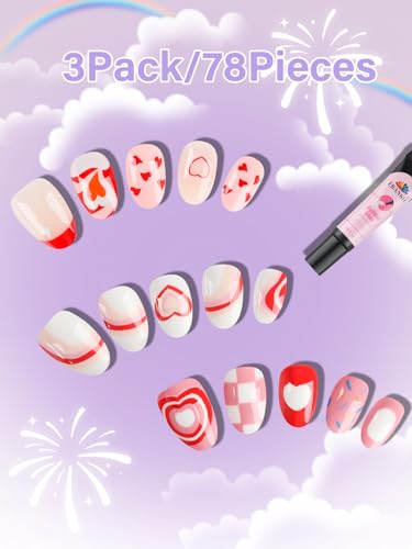 EBANKU 3 Pack Kids Press-On Nail Kit with Heart & Love Patterns, 78 Fake Nails for Girls