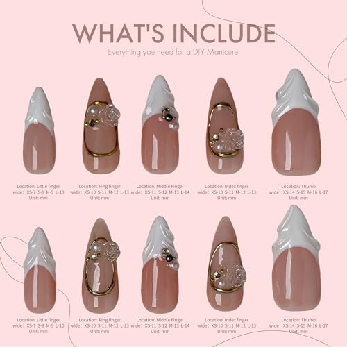 Sculpted Bloom Nude & White Elegant Press-On Nails, Gold Frame 3D Floral Luxury Bridal Nails for Wedding, 25mm Acrylic/UV Gel Classy Minimalist Nail Art (light pink, L)