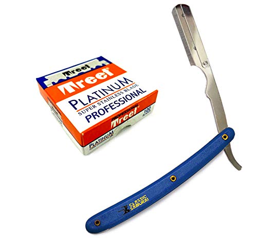 Classic Samurai Stainless Steel Professional Barber Straight Edge Razor with 100 Count Treet Platinum Single Edge Razor Blades (Blue)