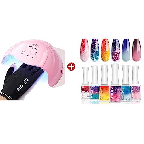 modelones Gel UV LED Nail Lamp with UV Gloves and Color Changing Gel Nail Polish - 6 Colors 10ml Pink Glitter Blue Purple Orange Mood Temperature Change Gel Polish Set Summer Soak Off Nail Polish DIY