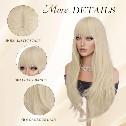 Haloo Blonde Wigs for Women - 26 Inch Platinum Long Wavy Synthetic Wig with Bangs