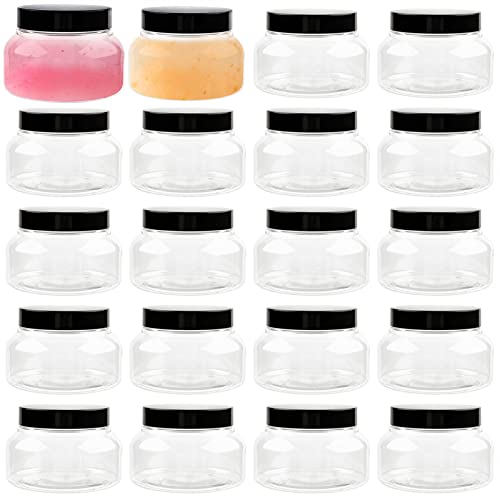TUZAZO 8 Oz Premium Plastic Tuscany Jars with Lids BPA Free, 24 Pack Empty Sugar Scrub Containers, Round Clear Cosmetic Containers for Body Butter, Lotion, Cream, Gel, Beauty Product