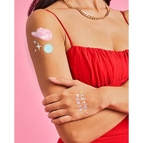 xo, Fetti Pastel Rainbow Temporary Tattoos - 50 Iridescent Foil Styles | Preppy Birthday Party Supplies, Smiley Party Favors, Party Vibes Only