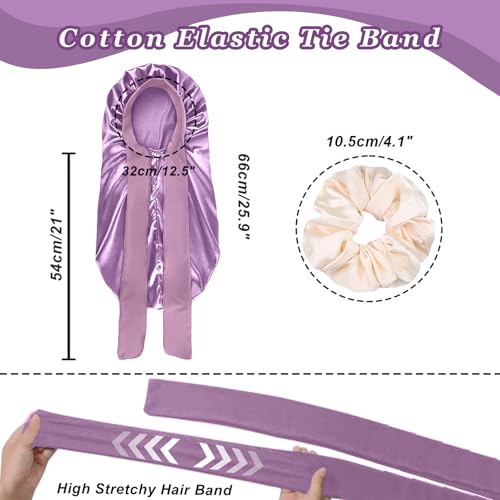 Long Silk Satin Hair Bonnet with Scrunchies for Sleeping - Purple