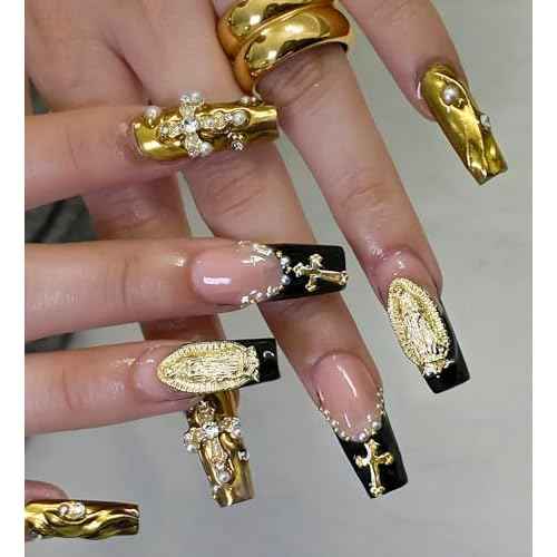 128PCS Gold Nail Charms Set with Rhinestones and Gems, Rose, Hearts, Cross and Virgin Mary - Y2K 3D Shiny Jewelry Nail Decorations Accessories Supplies