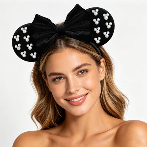 LIHELEI Velvet Pearl Mouse Ears Headband for Women Halloween Costume Party Hair Accessories - Black Pearl, Size 9x7"