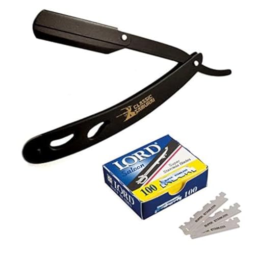 CS-102 Stainless Steel Professional Barber Straight Edge Shavette Cut Throat Razor (Matte Black + 100 Lord Blades)