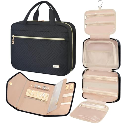 BAGAIL Hanging Toiletry Bag for Women Water-resistant Cosmetic Bag Large Capacity Travel Makeup Organizer for Full-Sized Travel Essentials(Classic+Jewelry Bag, Black)