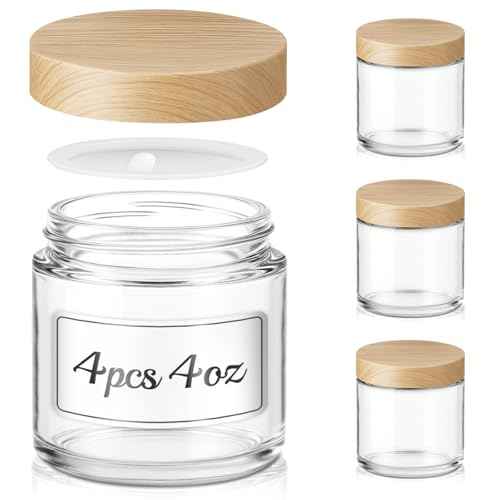 4 oz Small Glass Jars with Lids, Bumobum Clear Cosmetic Jars with Plastic Woodgrain Lids, 120ml Refillable Empty Containers for Cream, Salve, Powders and Lotion Storage, 4 Pack