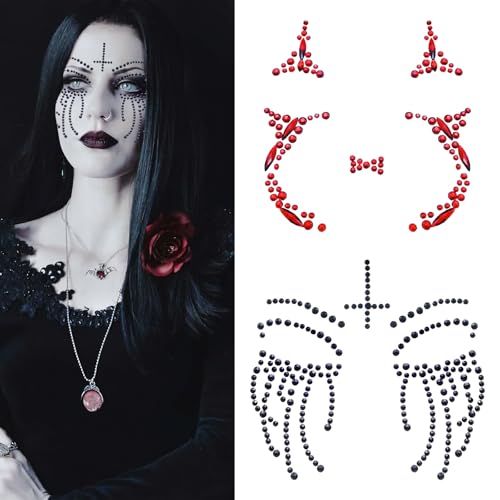 Halloween Face Gems Tattoo Stickers - 2 Sheets Red & Black