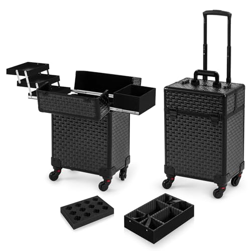 AROUS Rolling Makeup Case with 4 Trays, Black Cosmetology Trolley