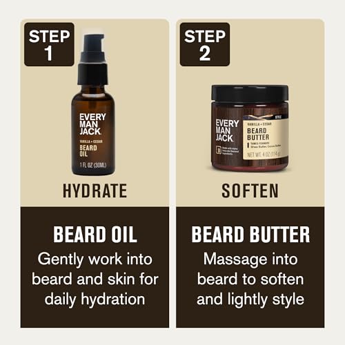 Every Man Jack Beard Oil & Scruff Softening Butter Bundle - Vanilla + Cedar Scent - Rejuvenates, Hydrates & Styles Dry Beards - Naturally Derived with Cocoa Butter and Shea Butter