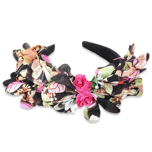 Fashion Colorful Flower Headband for Women Rose Floral Leaf Simulated Pearl Bead Chunky Decorative Beach Holiday Hairbands (black)