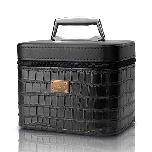 Portable Leather Makeup Train Case with Mirror - Black