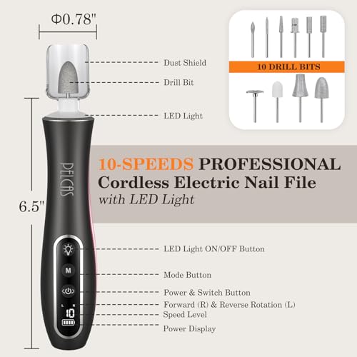 Cordless Electric Nail Drill Kit with 10 Speeds & LED Light