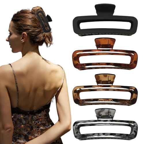 5 Inch Large Hair Claw Clips, No Slip Matte & Glossy Unbreakable Square XL Hair Clips for Thick Long Curly Hair, Women's Big Rectangle Strong Clips, 4 Pack