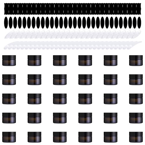 120Pcs 5g Amber Glass Jars Assortment Kit with Inner Liners and Black Lids, Spoons and blank labels for Storing Lip and Body Scrub, Lotion, Body Butter, Bath Salts