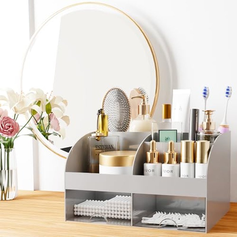 Makeup Organizer with 6 Sections & 2 Drawers, Grey