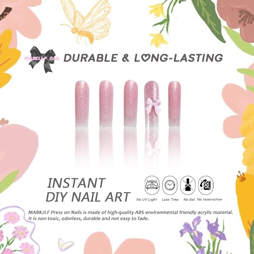 Pink White Long Square Press on Nails French Tip Fake Nails 5D Star Bow Pearl False Nails with Designs Cute Acrylic Nails Full Cover Glossy Glue on Nails Artificial Nails for Women Girls 24Pcs