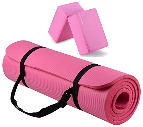 Signature Fitness All Purpose 1/2-Inch Extra Thick High Density Anti-Tear Exercise Yoga Mat with Carrying Strap and Yoga Blocks, Pink