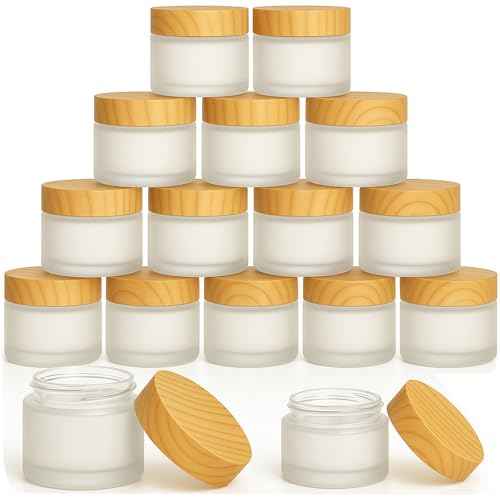 16Pcs 1oz & 1.7oz Glass Cosmetic Containers with Wood Grain Lids ? Refillable Frosted Glass Jars, Leakproof Cream Containers for Travel, Body Scrub, Lotion, Lip Scrub, DIY Skincare£¨50ml/30ml£©
