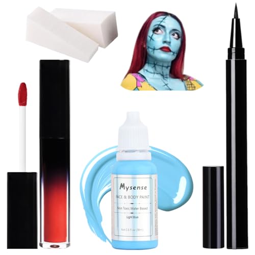 Sally Face Halloween Makeup Kit - Light Blue Paint, Red Lipstick & Eyeliner