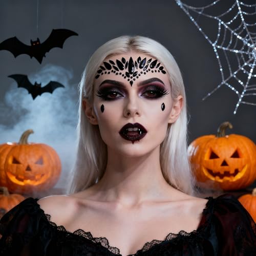 Topz Black Face Jewels Stick-On Festival Accessories - Halloween Angel Wing Rhinestones Sticker, Self-Adhesive Body Gems Jewelry for Party (Black)