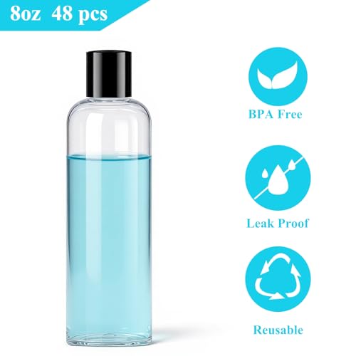 8oz Travel Size Bottles Leak Proof Squeeze Refillable Clear Toiletries and Shampoo Liquid Containers with Black Disc Cap 48 Pack