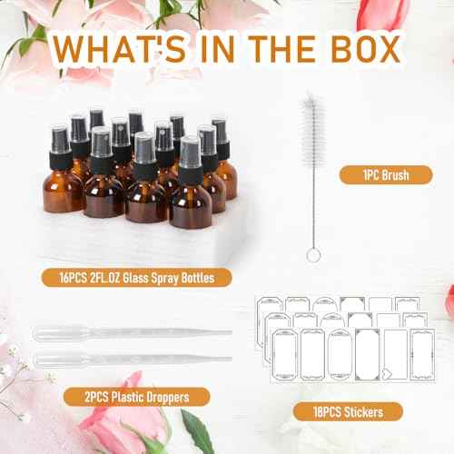 60ml Glass Spray Bottles with Fine Mist Sprayer 16Pack, Small Amber Glass Spray Bottles 2 oz for Perfumes,Cleaning Products,Pet Spray (2fl.oz, Set of 16)